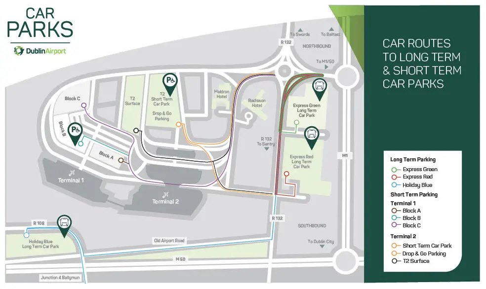 Plano de los aparcamientos del Aeropuerto de Dublín