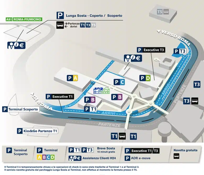 Plano de parking en el aeropuerto de Fiumicino