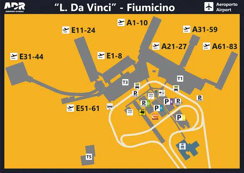 Plano del aeropuerto de Fiumicino en Roma
