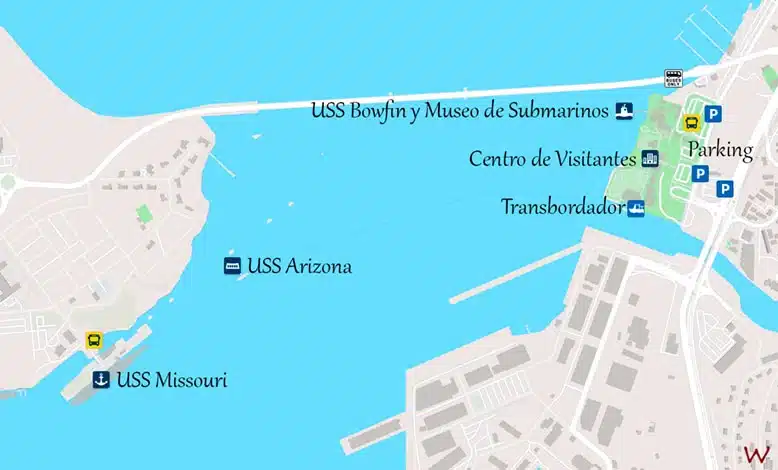 Mapa con los lugares que visitar en Pearl Harbor